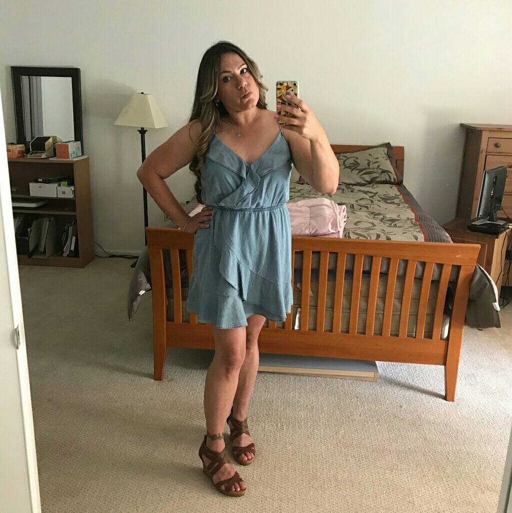 Express chambray Ruffle faux wrap dress